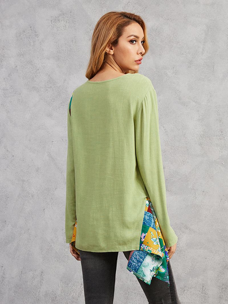 Blommönster Oregelbunden Fåll Patchwork Långärmad Blus Med O-ringad Hals