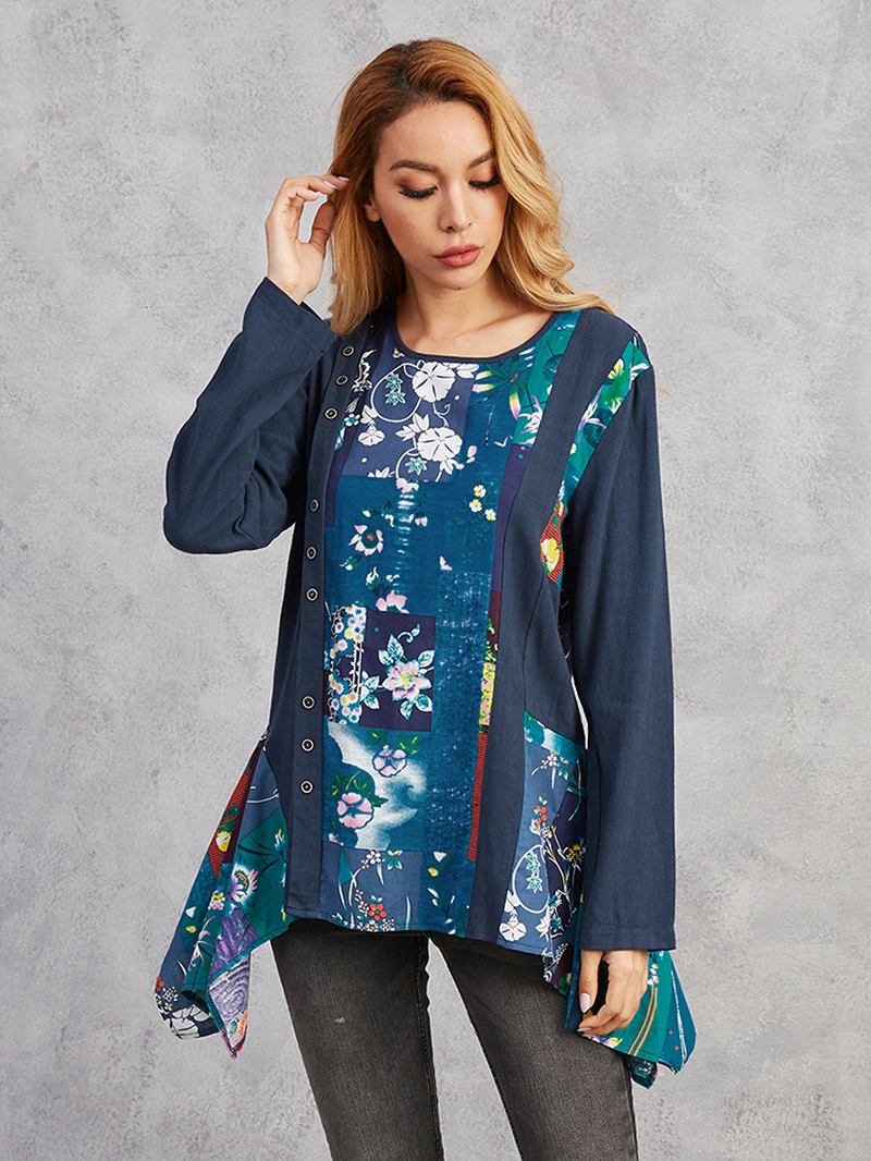 Blommönster Oregelbunden Fåll Patchwork Långärmad Blus Med O-ringad Hals