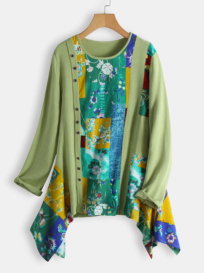Blommönster Oregelbunden Fåll Patchwork Långärmad Blus Med O-ringad Hals