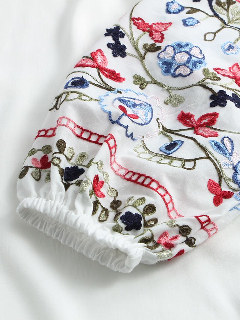 Blomsterbroderi V-ringad Dragsko I Manschetter Casual Blus