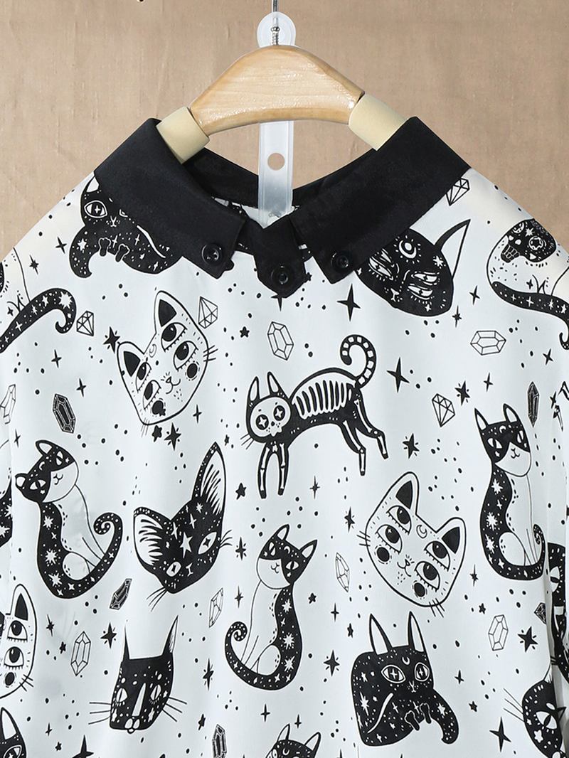 Blue Shoulder Katt Med Tryck Blus