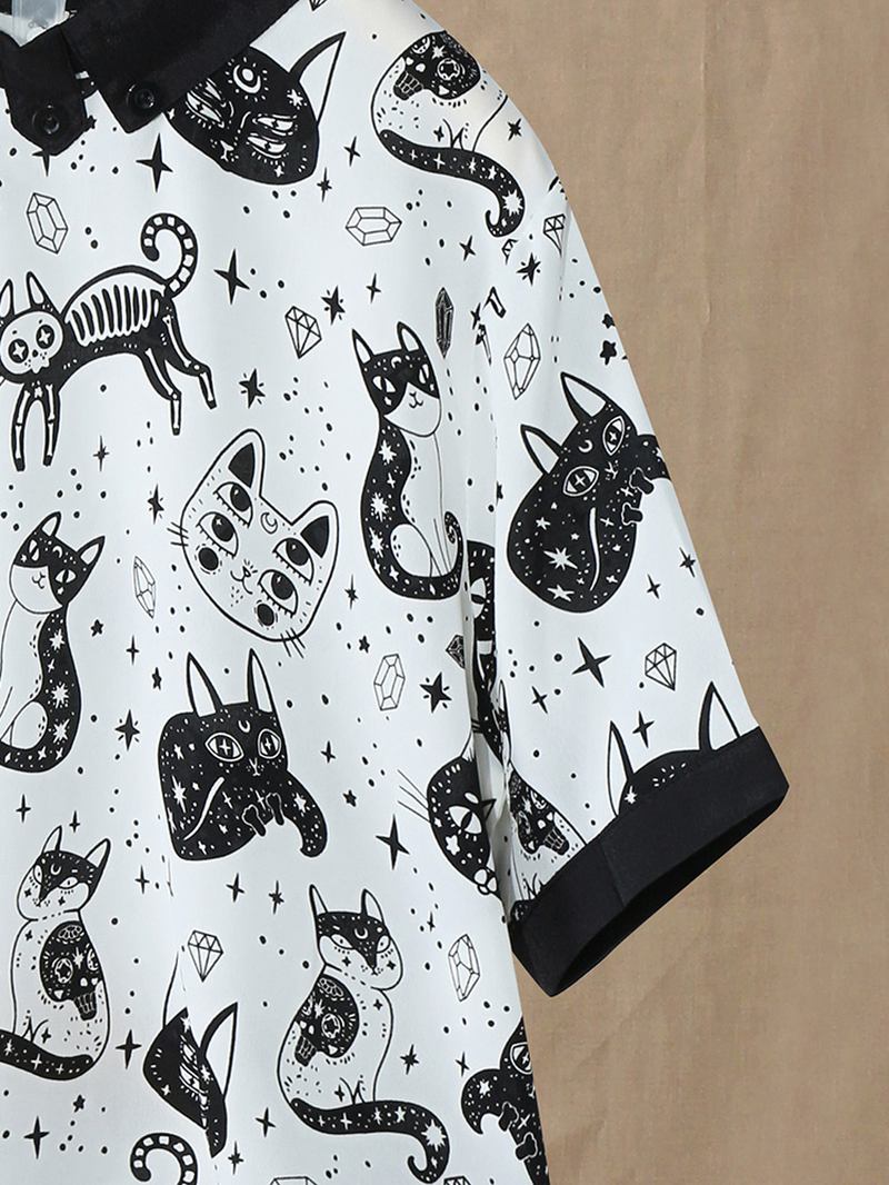 Blue Shoulder Katt Med Tryck Blus