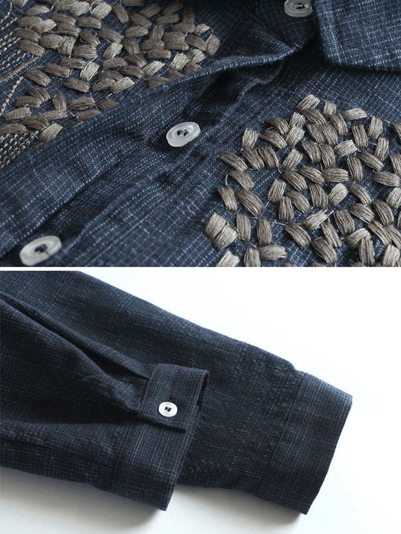 Broderi Stripe Lapel Långärmad Oregelbunden Vintage Blus
