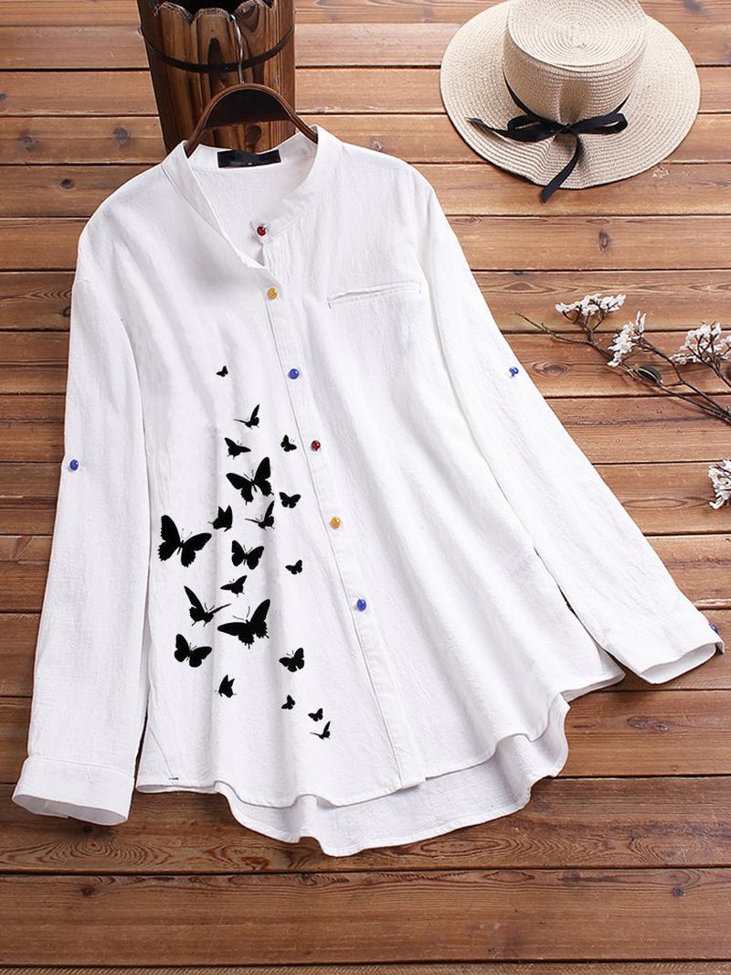 Butterfly Med Tryck Button Causal Shirts Blus