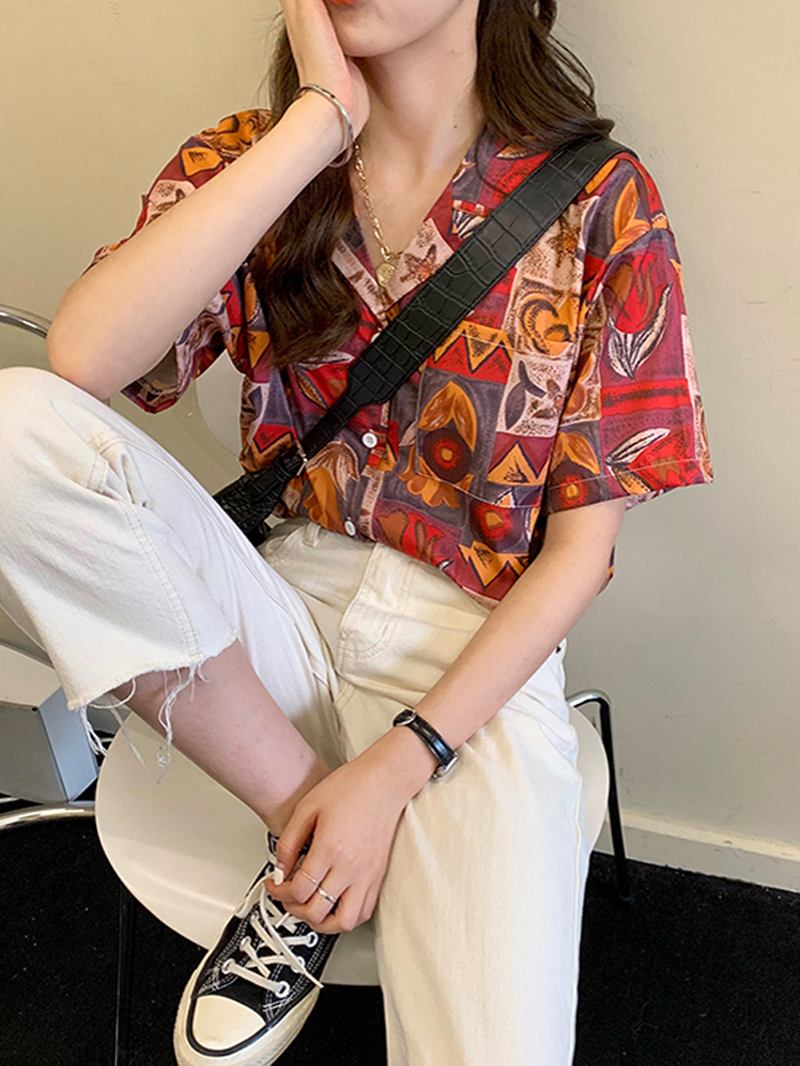 Dam Vintage Blommiga Tryckta Lapelkrage Casual Skjortor