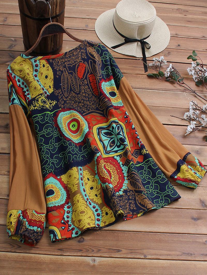 Etniska Kvinnor Patchwork Blommig Blus