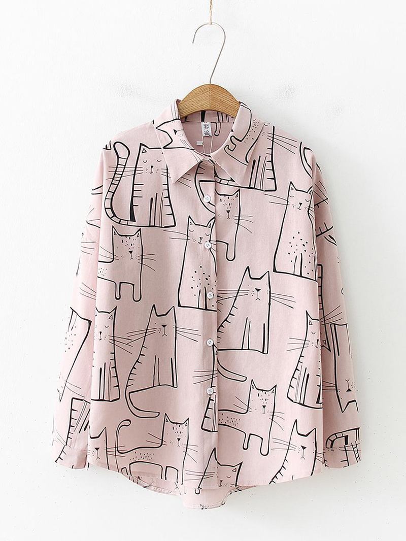 Katt Med Tryck Lapel Långärmad Lös Casual Blus För Kvinnor