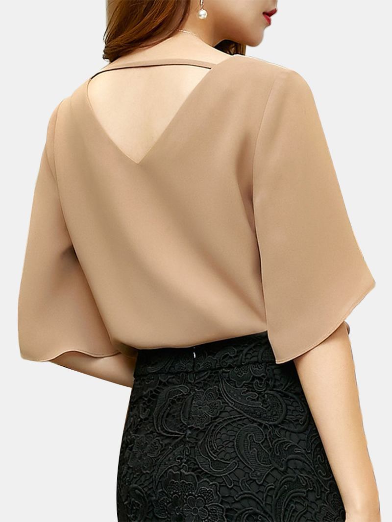 Kort Ärm V-ringad Enfärgad Chiffong Casual Blus För Kvinnor