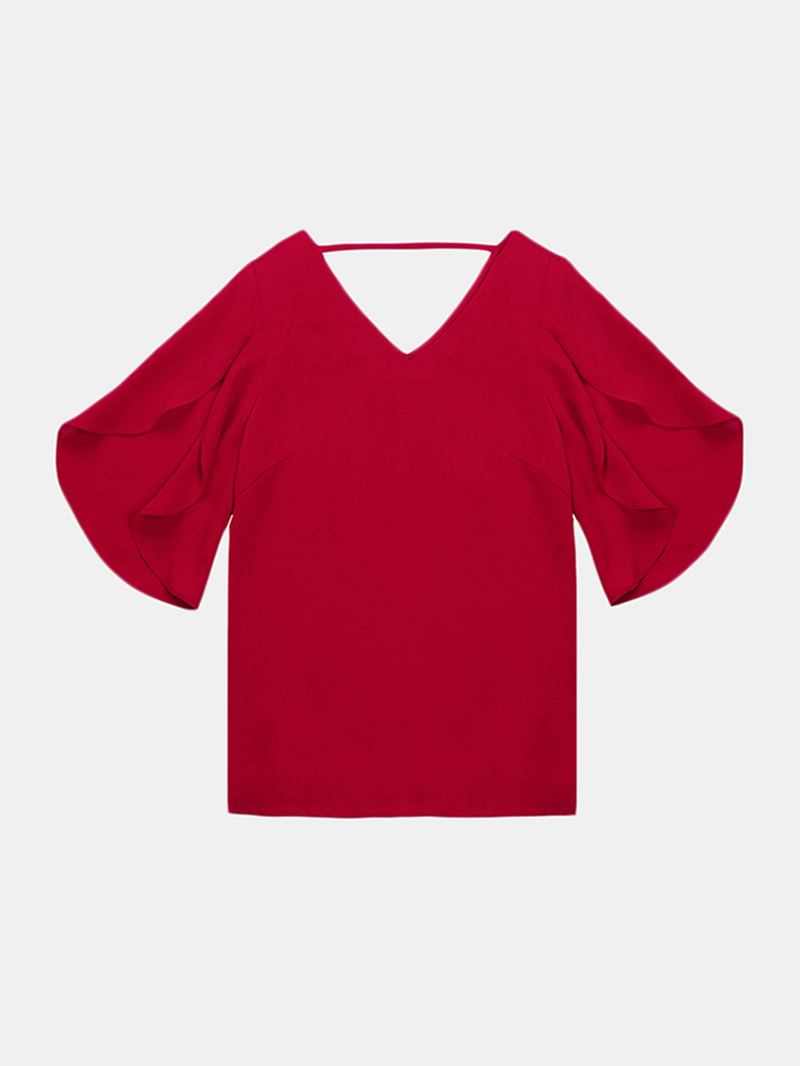 Kort Ärm V-ringad Enfärgad Chiffong Casual Blus För Kvinnor