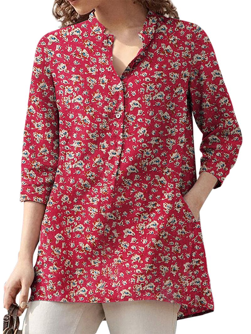 Kvinnor 100% Bomull Blommig Fritid Bohemisk Retrostil V-ringad Sidofickor Blus