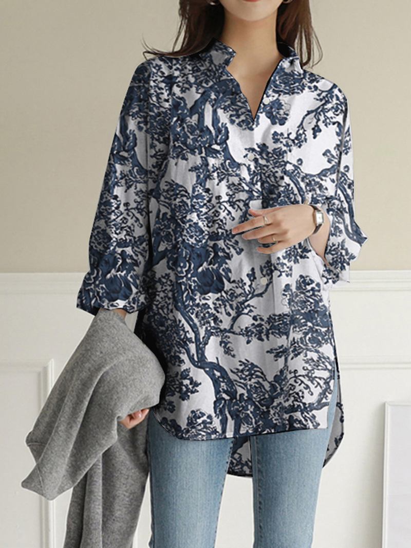 Kvinnor Blommönster Lapel Krage Hög Låg Delad Fåll Långärmade Casual Shirts