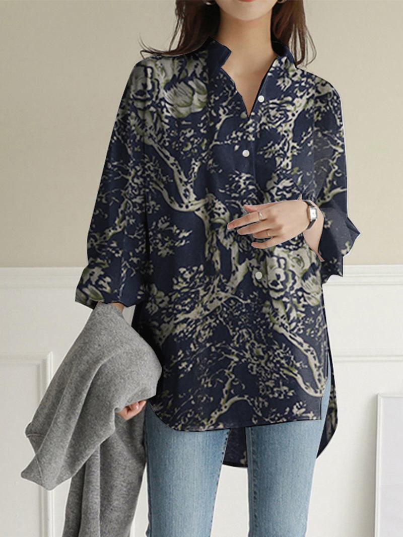 Kvinnor Blommönster Lapel Krage Hög Låg Delad Fåll Långärmade Casual Shirts