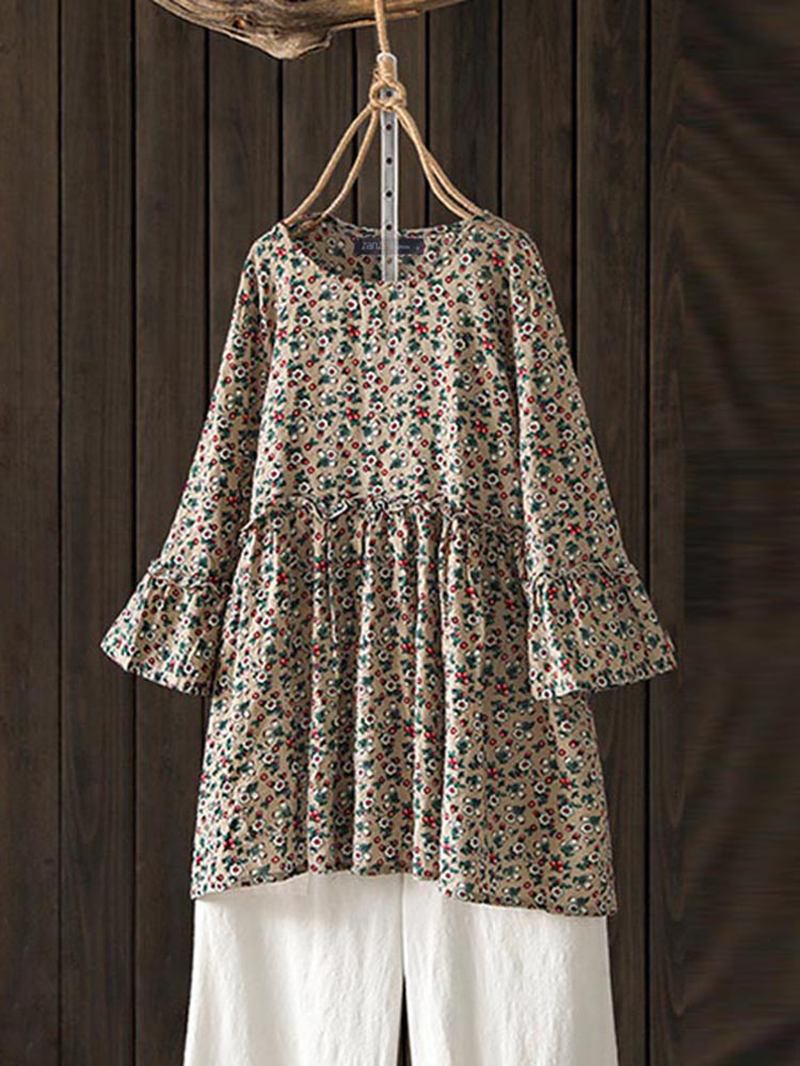 Kvinnor Casual Blommig Tryckt O-hals 3/4 Flare Sleeve Blus