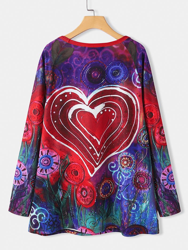 Kvinnor Graffiti Hjärta Blommönster Rund Hals Casual Långärmad T-shirt