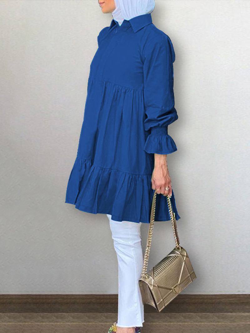 Kvinnor Halv Knappslag Lapel Tiered Ruffle Sleeve Solid Casual Blusar