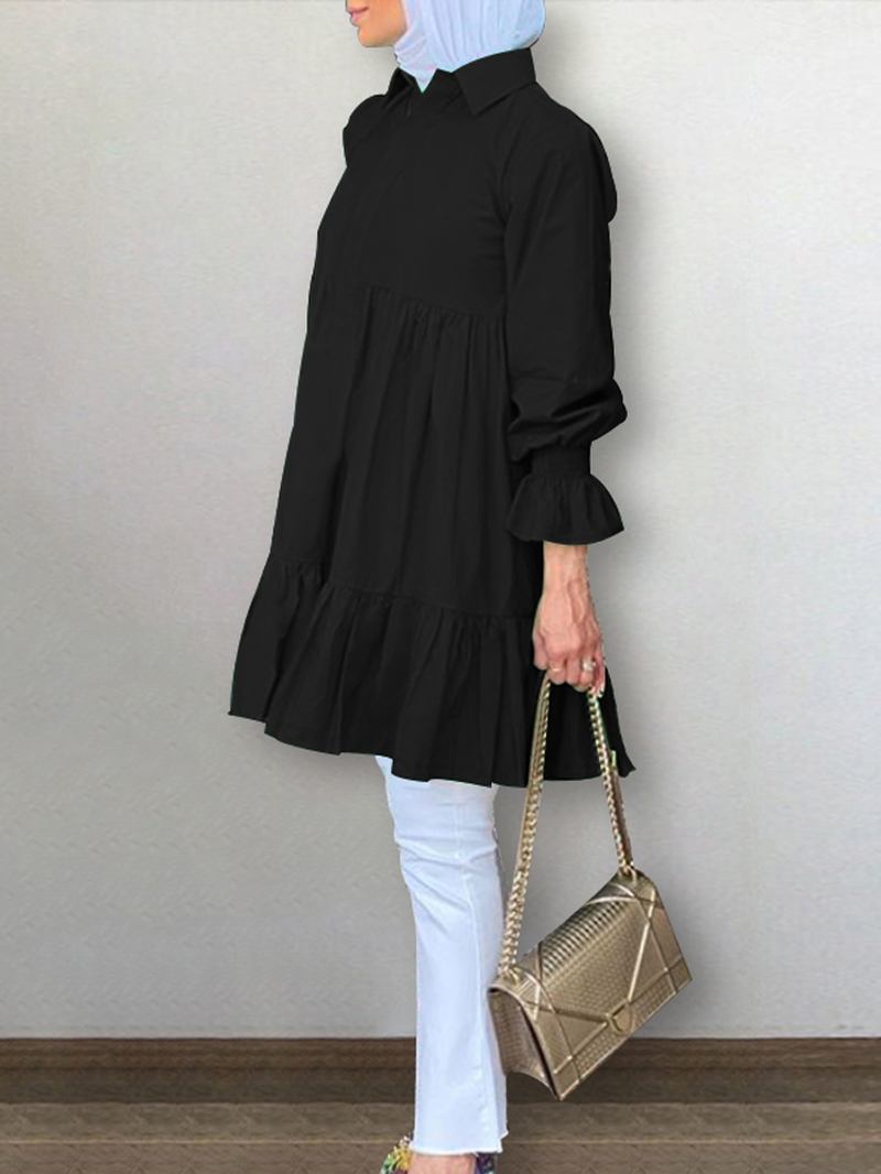 Kvinnor Halv Knappslag Lapel Tiered Ruffle Sleeve Solid Casual Blusar