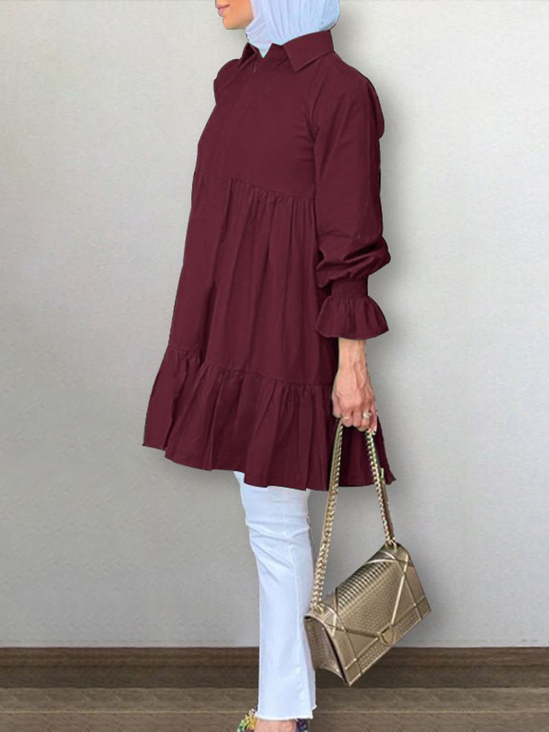 Kvinnor Halv Knappslag Lapel Tiered Ruffle Sleeve Solid Casual Blusar