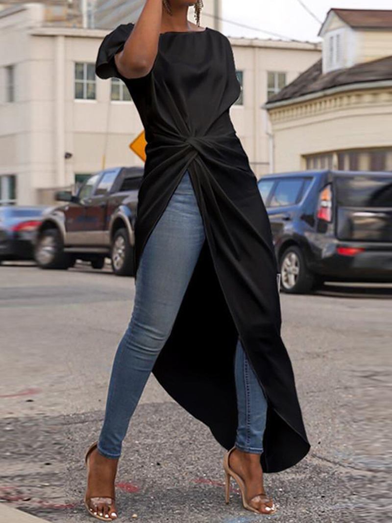 Kvinnor Kortärmad Rund Hals Långa Skjortor Asymmetrisk Fåll Casual Blus