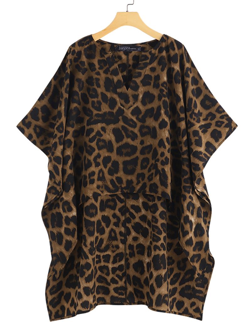 Kvinnor Leopard Med Tryck Oregelbunden Hem V-ringad Casual Blus