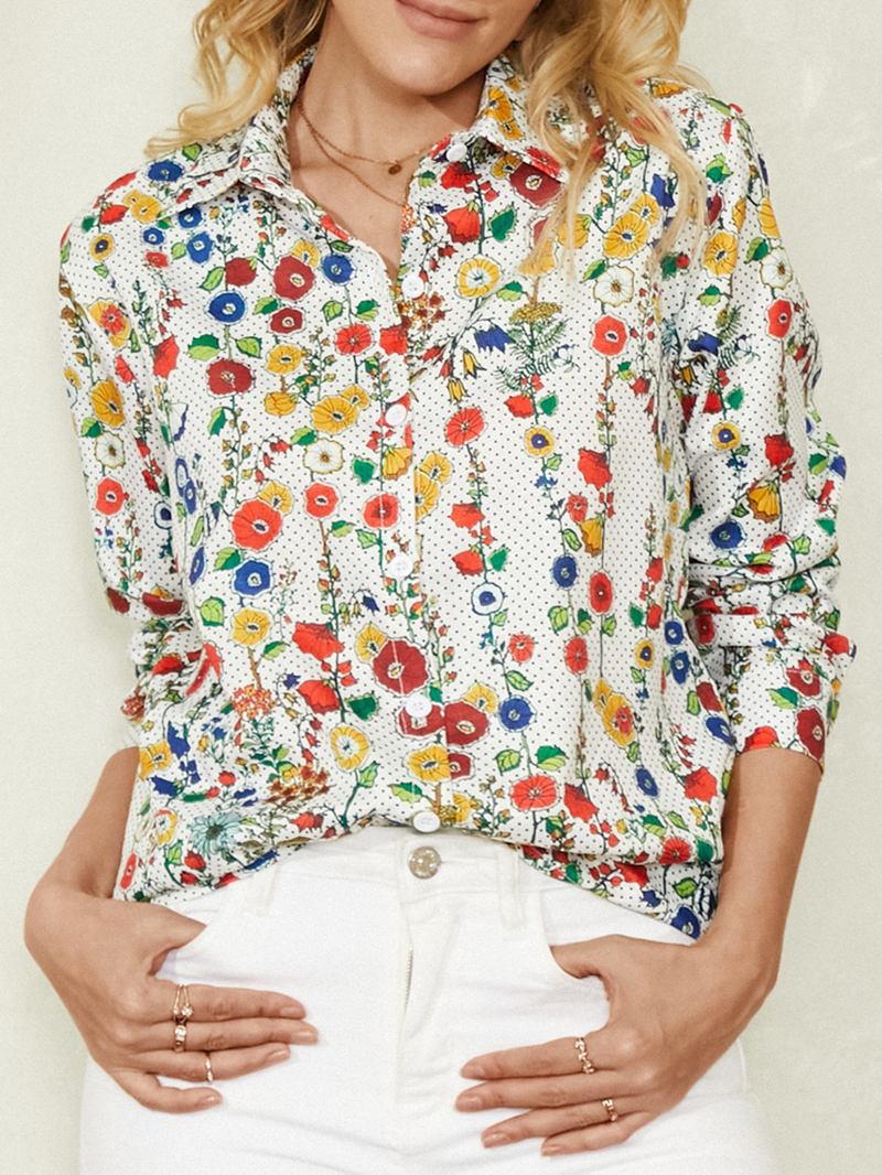 Kvinnor Över Hela Blommiga Pricktryck Lapel Vintage Långärmade Skjortor