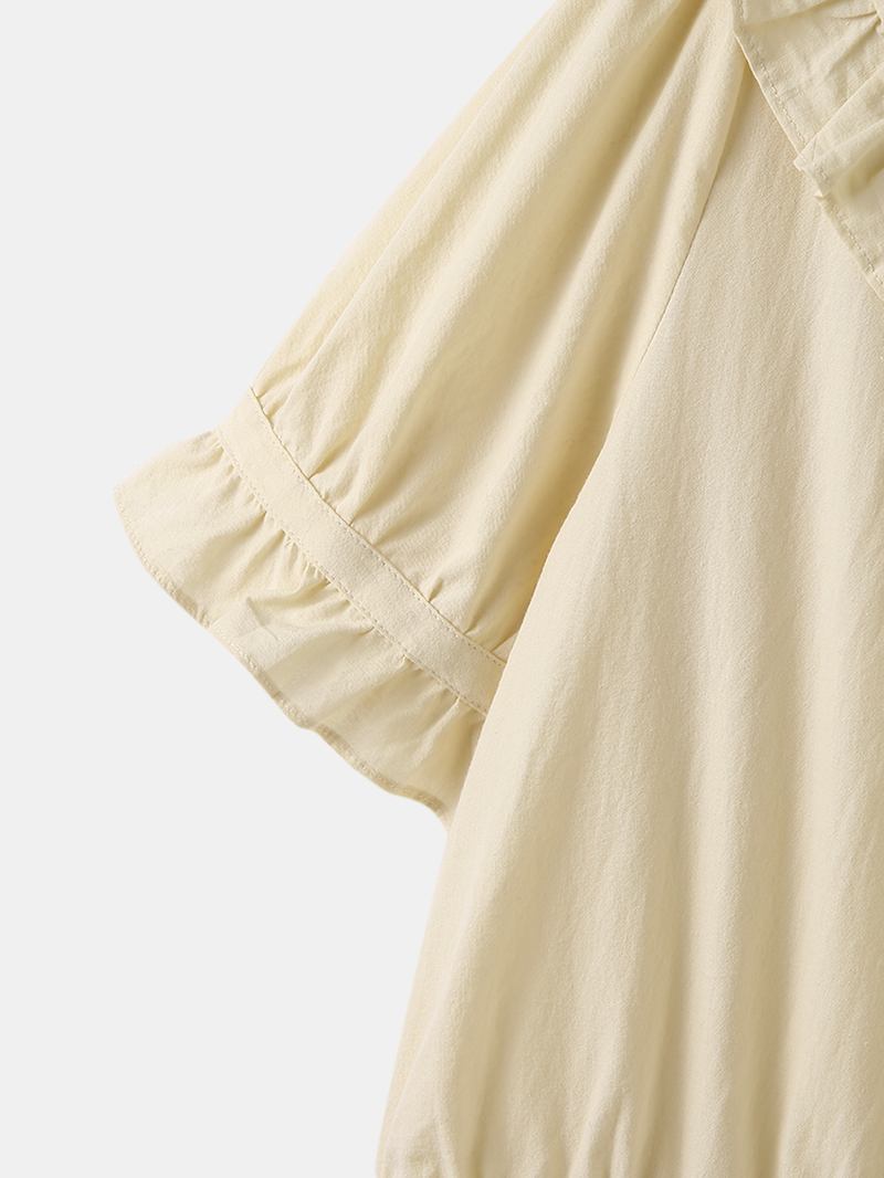 Kvinnor Plain Lapel Button Down Front Volang Kort Ärm Snygg Beskuren Blus