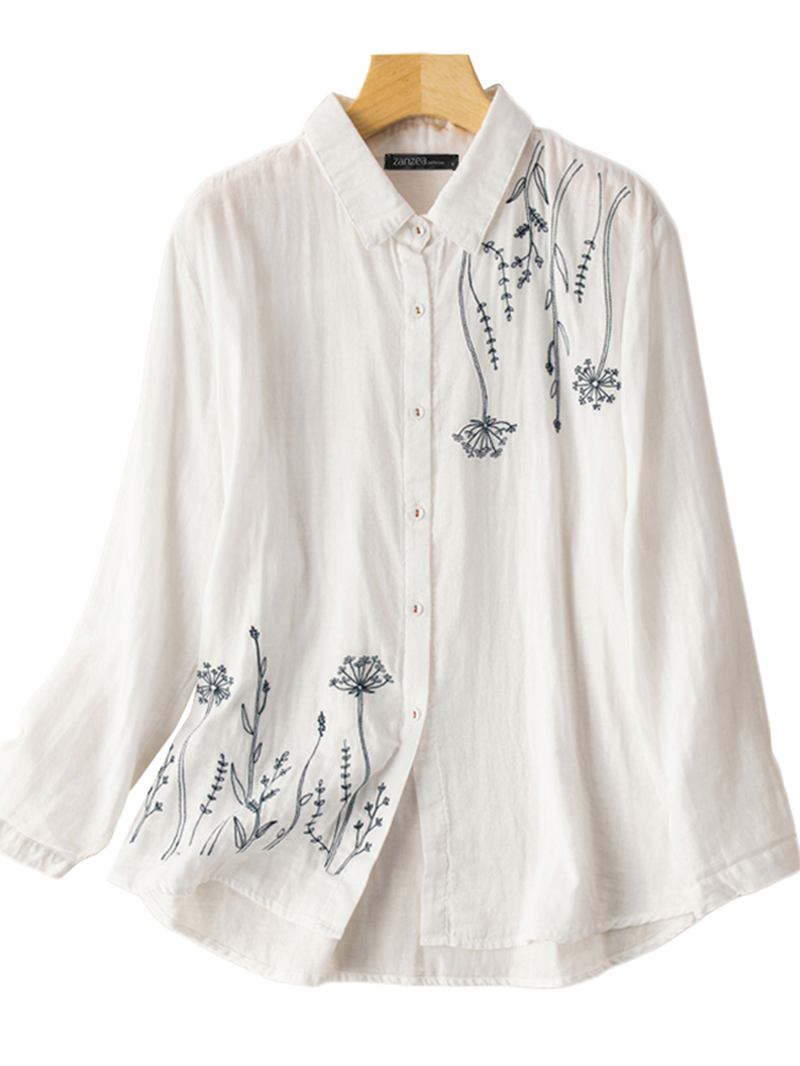 Kvinnor Puff Sleeve Blommor Tryckta Broderi Button Stand Collar Shirt