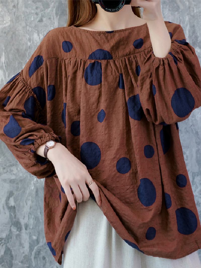 Kvinnor Vintage Polka Dot Med Tryck Puff Sleeve Lös Plisserad Blus
