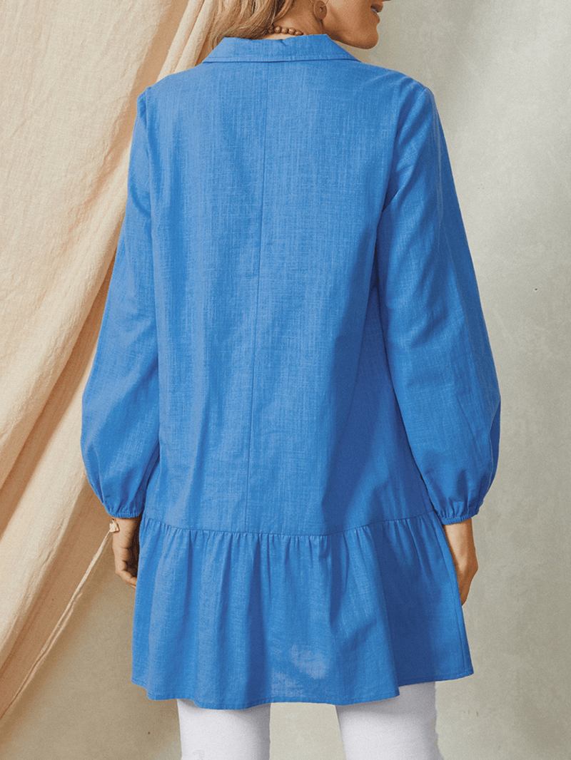 Puffärm Lapel Plisserade Sömmar Elastiska Manschetter Solid Daily Casual Bomullsblus För Kvinnor