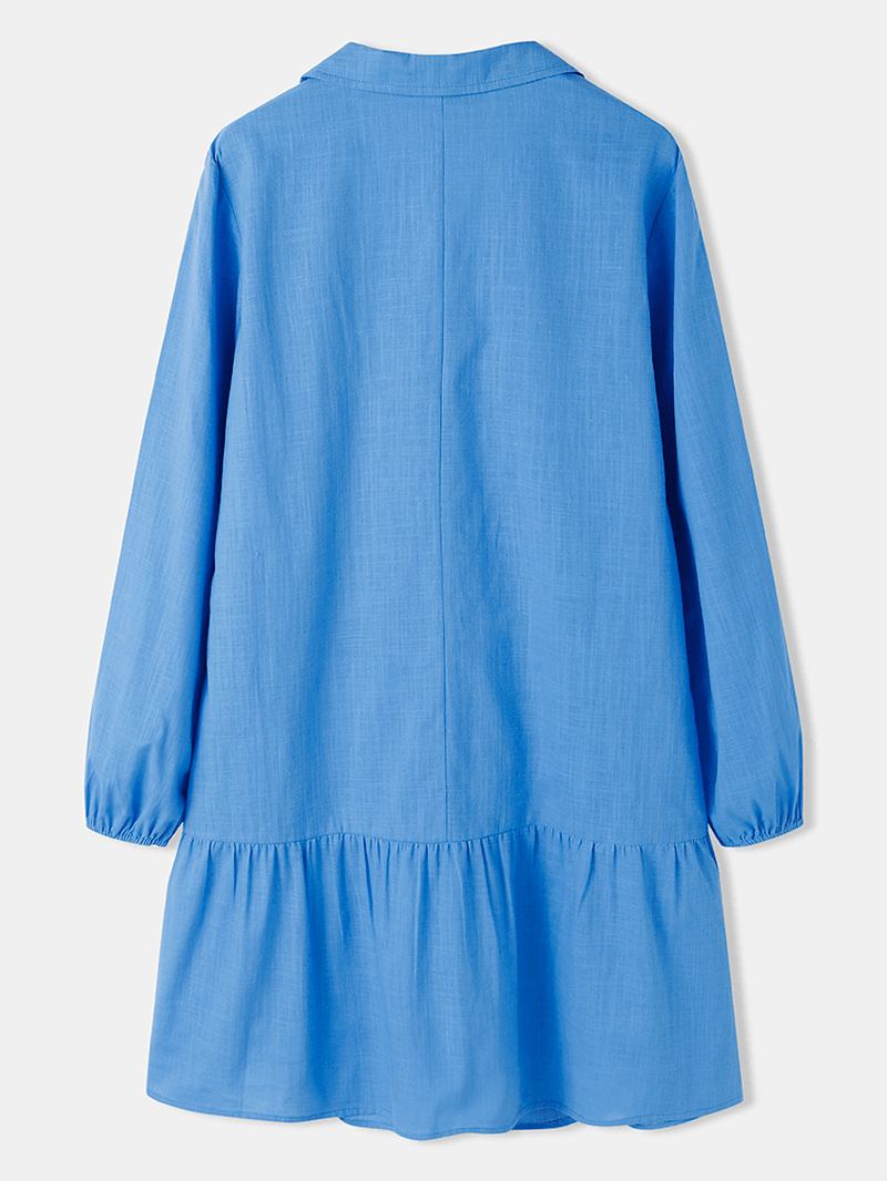 Puffärm Lapel Plisserade Sömmar Elastiska Manschetter Solid Daily Casual Bomullsblus För Kvinnor