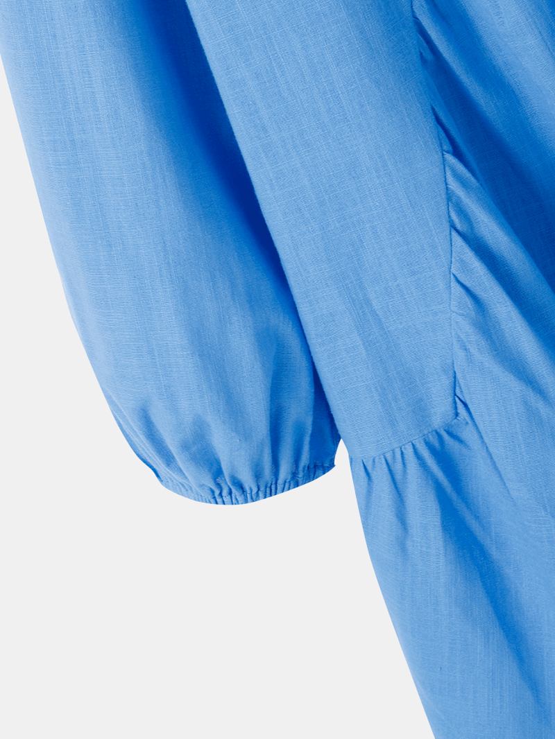 Puffärm Lapel Plisserade Sömmar Elastiska Manschetter Solid Daily Casual Bomullsblus För Kvinnor