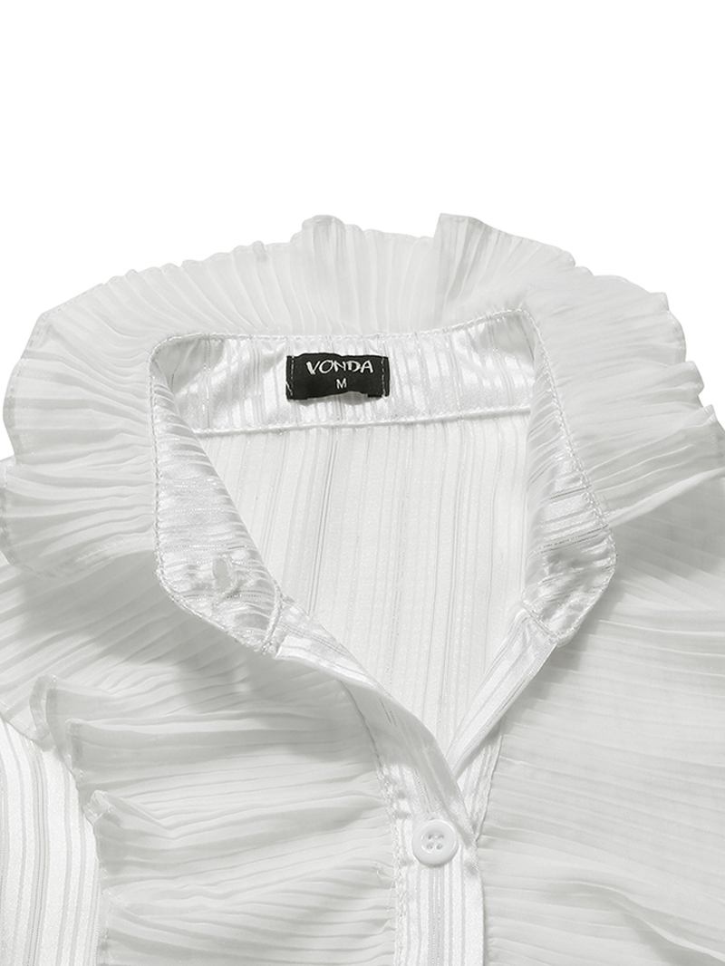 Ren Färg Ruffle Stand Collar Långärmade Casual Shirts För Kvinnor