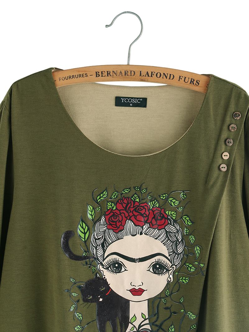 Tryck Flickknapp Långärmad Vintage Blus