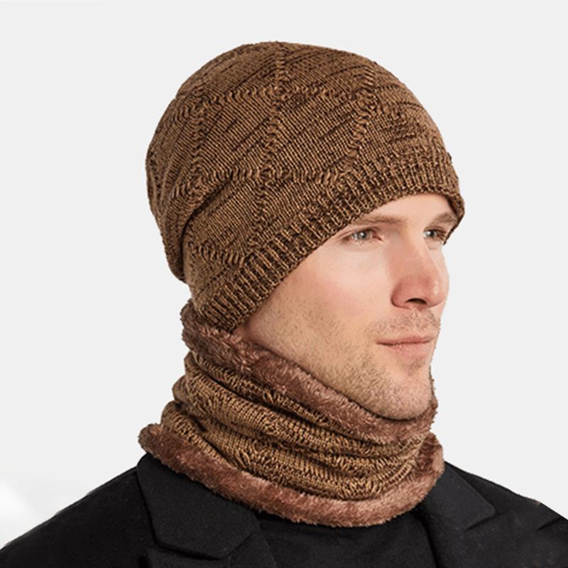 2 St Herr Höst Vinter Varm Stickad Baotou Keps Halsduk Plädmönster Utomhus Cykling Öronskydd Vindtät Beanie Skull Hat