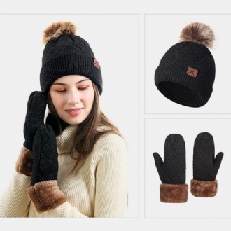 Dam 2st Ull Plus Tjocka Varm Vinter Utomhus Stickade Handskar Stickad Mössa Med Fluff Ball
