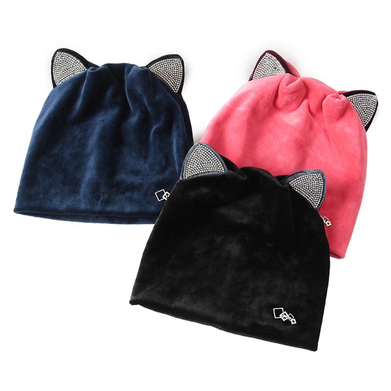 Dam Velour Rhinestone Deco Katt Ear Vindtät Beanie Cap