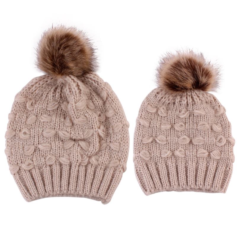Förälder-barn Stickad Mössa Tillverkare Spot Butterfly Fur Ball Warm Hat