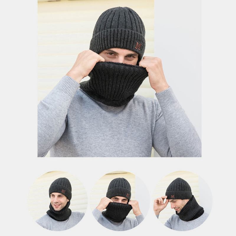 Herr 2st Plus Sammet Tjock Elastisk Vindtät Håll Nackskydd Varmt Huvudbonad Halsduk Ull Beanie