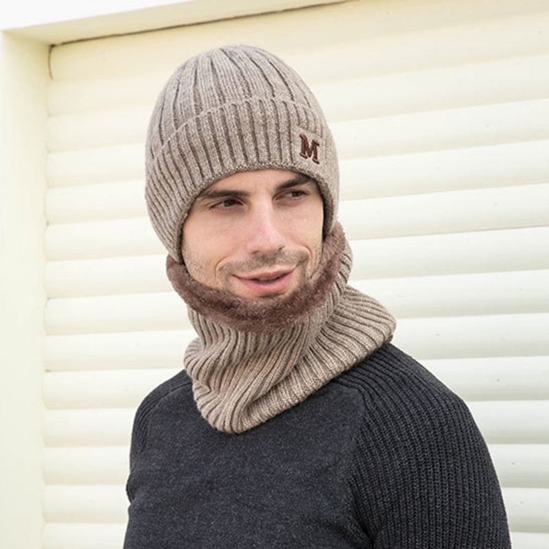 Herr 2st Plus Sammet Tjock Elastisk Vindtät Håll Nackskydd Varmt Huvudbonad Halsduk Ull Beanie
