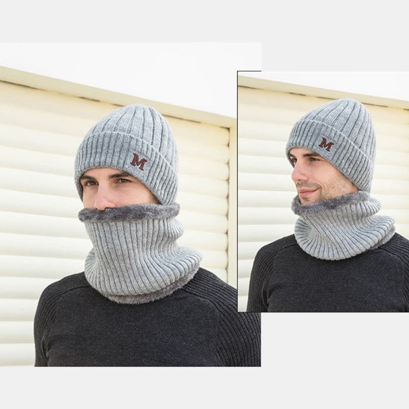 Herr 2st Plus Sammet Tjock Elastisk Vindtät Håll Nackskydd Varmt Huvudbonad Halsduk Ull Beanie