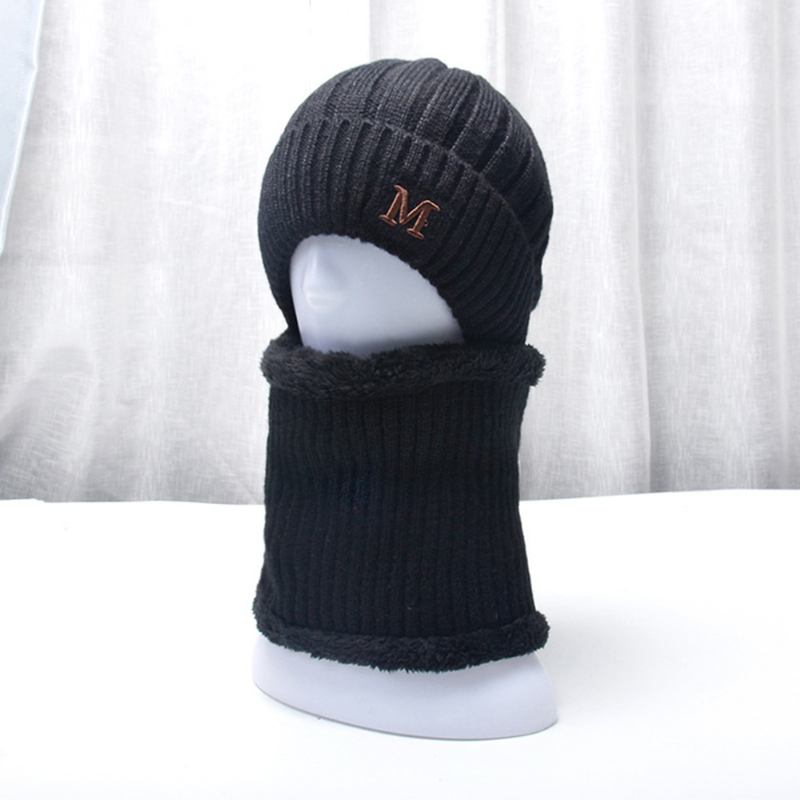 Herr 2st Plus Sammet Tjock Elastisk Vindtät Håll Nackskydd Varmt Huvudbonad Halsduk Ull Beanie