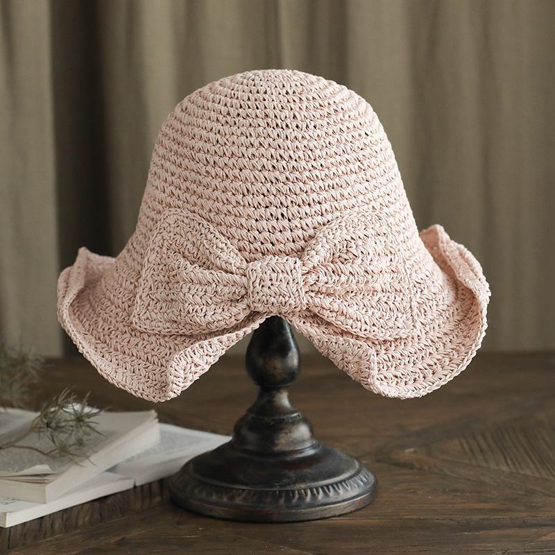 Kvinnlig Hopfällbar Pilbåge Dekoration Casual Andas Liten Brätte Solkräm Solhatt Halmhatt Bucket Hatt