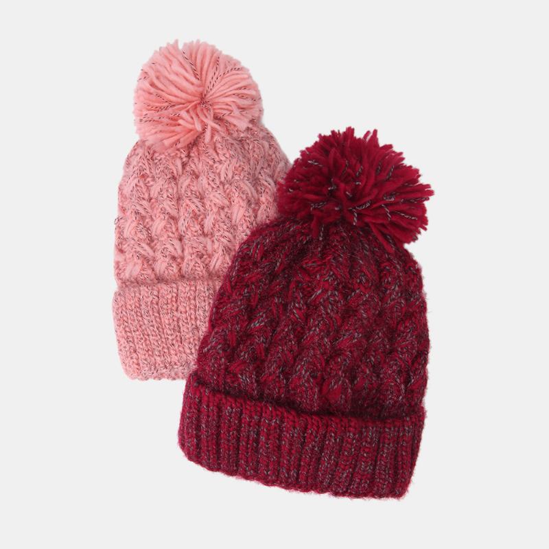 Kvinnor Blandad Färg Stickad Plus Sammet Tjocka Fluffy Ball Värme Öronskydd Mössa