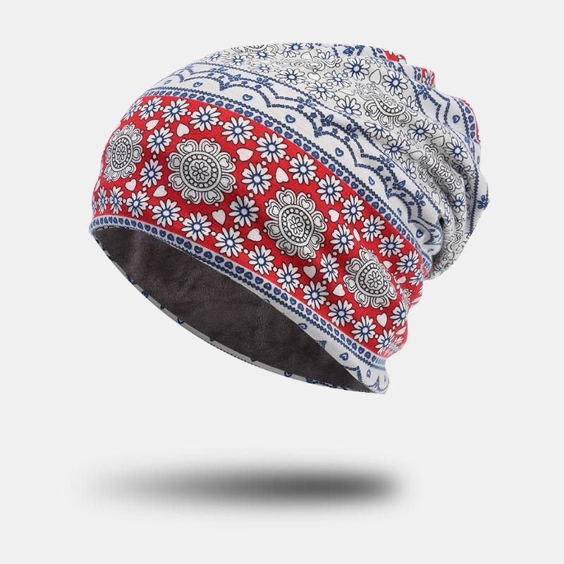 Kvinnor Hel Bomull Icke-allergiframkallande Baotou Hatt Haklapp Mode Blomma Tryckt Höst Vinter Plus Sammet Varm Scarf Beanie Hatt