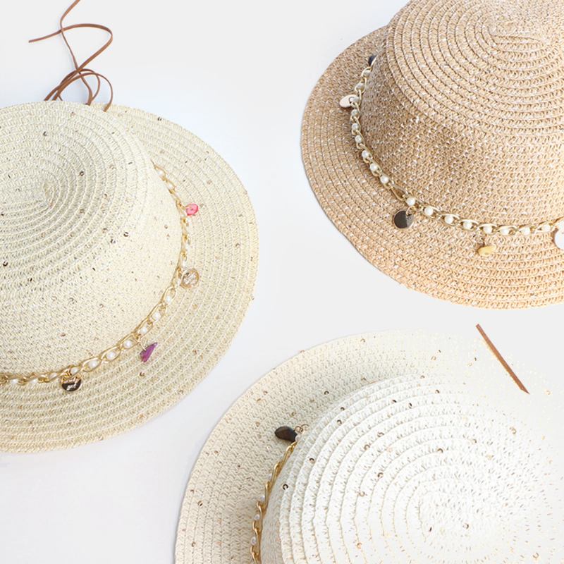 Kvinnor Solskyddsmedel Sommar Utomhus Casual Pearl Dekoration Solhatt Halmhatt