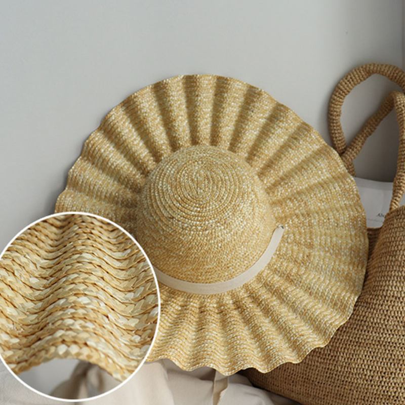 Kvinnor Vild Brätte Visir Vågsida Mjuk Spets Slips Solhatt Casual Snygg Rund Top Shell Mönster Straw Hat