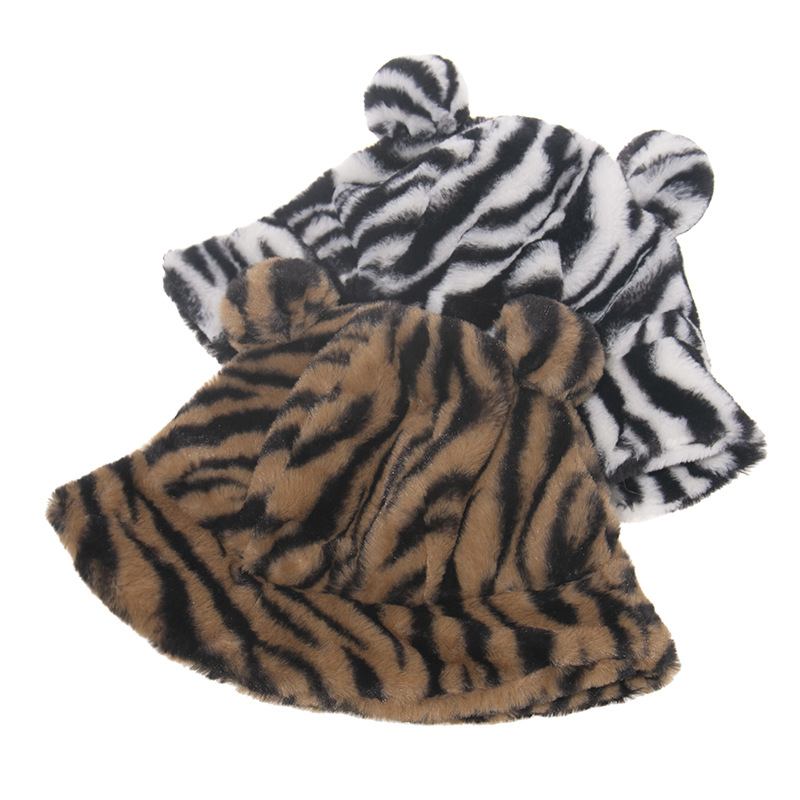 Leopardtryck Bear Ear Ball Plysch Fisherman Hat