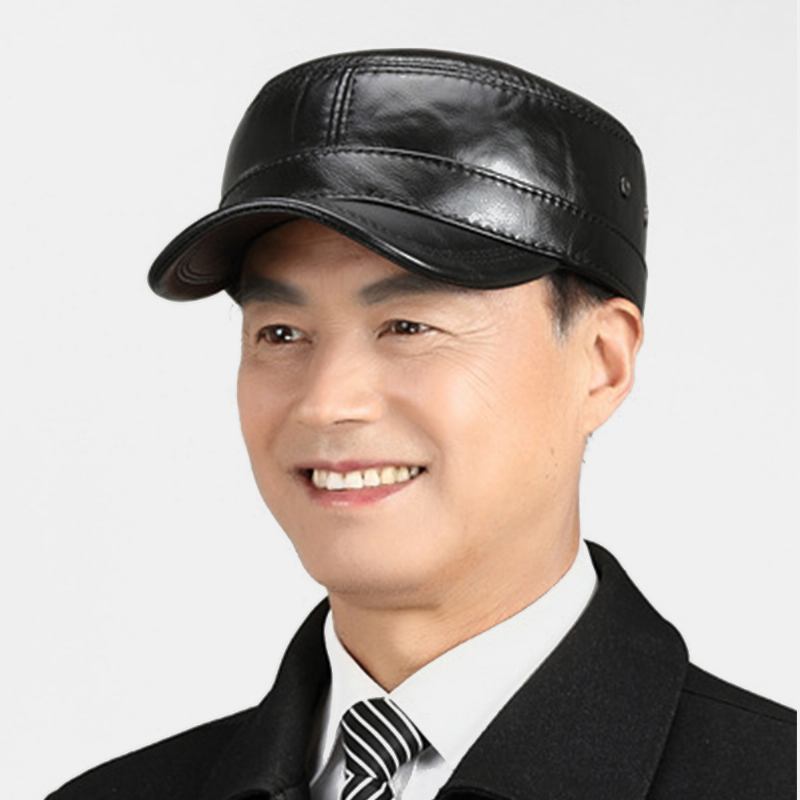 Män Äkta Läder Retro Klassisk Färg Öronskydd Håll Varm Militär Hatt Flat Hat Peaked Cap