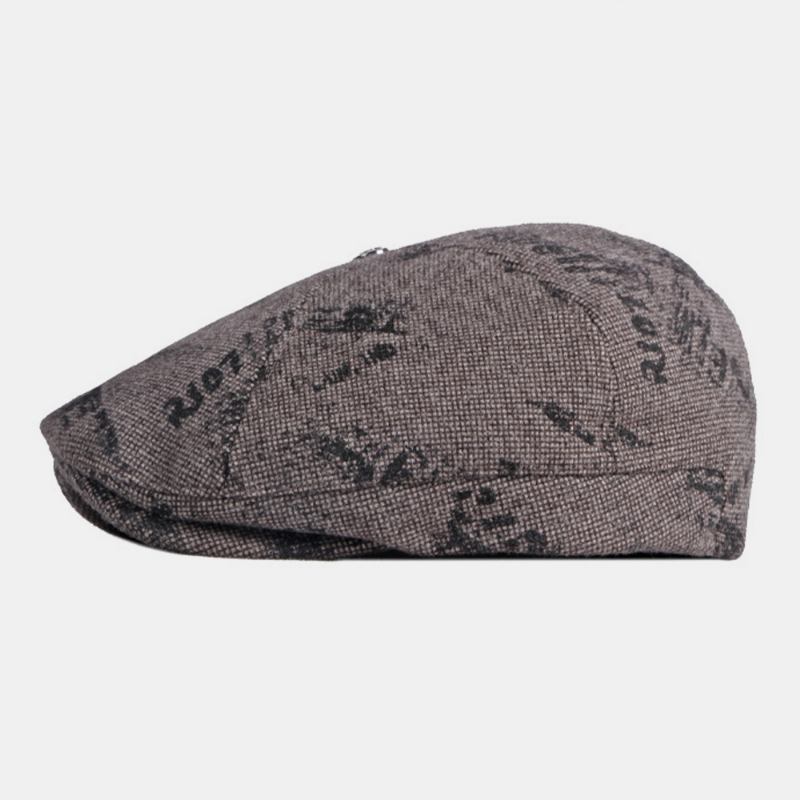 Män Bokstavsmönster Höst Vinter Filt Ylle Tjock Varm Basker Keps Brittisk Retro Medelålders Äldre Öronskydd Öronskydd Vindtät Platt Hatt