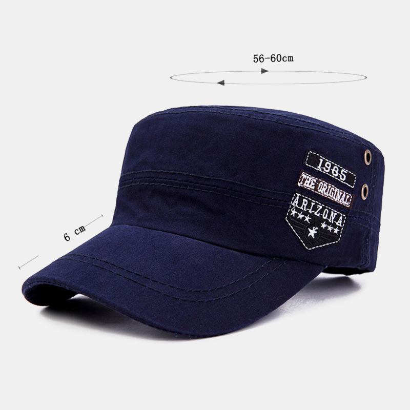 Män Bomull Casual Letter Etikett Patch Militär Keps Kadett Hatt Utomhus Justerbar Solskydd Flat Top Cap
