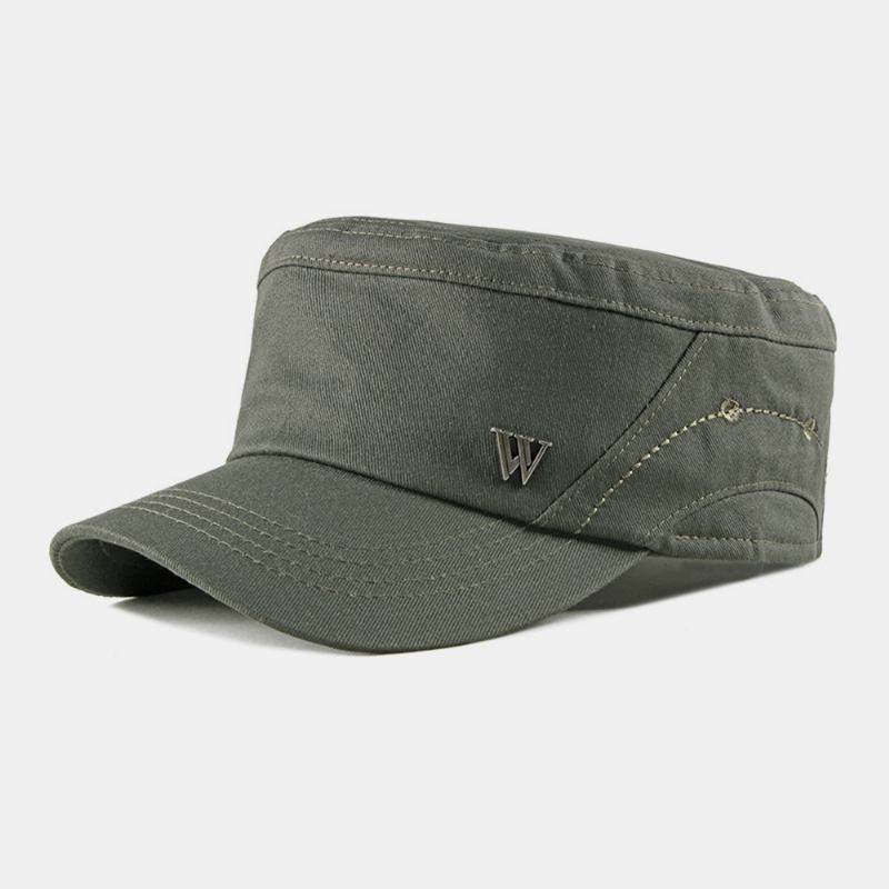Män Bomull Metall Brev Patch Flat Top Hat Casual Justerbar Kadett Army Kepsar Militära Kepsar